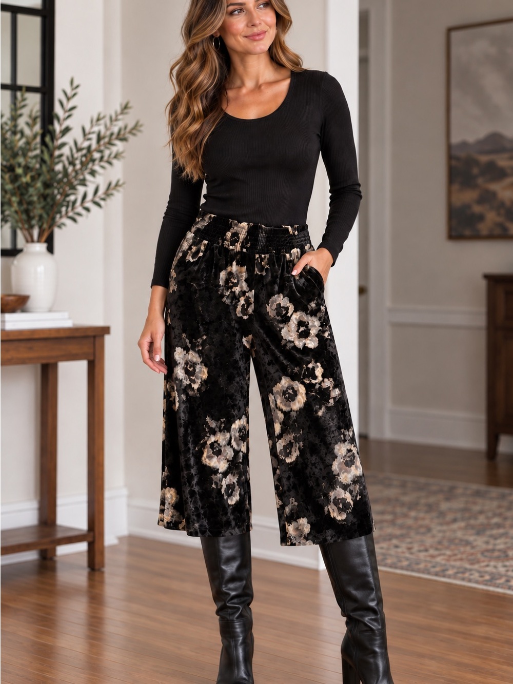 Indigo Rein Black Velvet Floral Wide-Leg Crop Pants